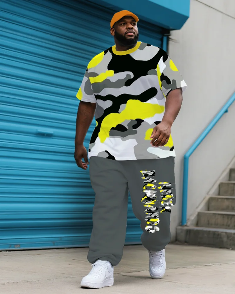 

S-9XL Мужская футболка больших размеров с камуфляжным принтом и короткими рукавами и брюки, комплект из двух предметов