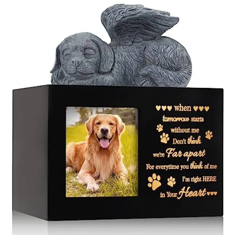 

Pet Urns for Ashes, Large Wooden Pet Urns for Dog or Cat Ashes with Dog Angel, Memorial Keepsake Memory Box with Photo Frame, L