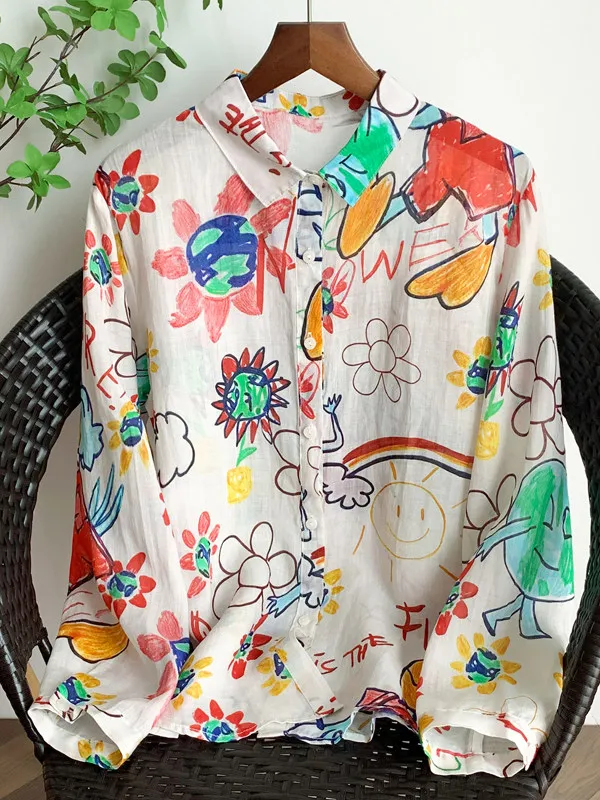 

Художественная женская блузка большого размера с цветочным принтом, свободного кроя, с длинными рукавами, из хлопка, весенне-летняя, повседневная, универсальная, стройнящая.