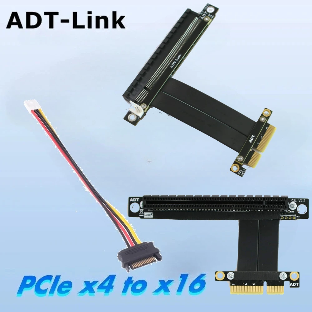 

90-градусный разъем PCI-E 3.0 X4 к X16 Удлинительный кабель R23SF-PW 32 Гбит/с PCIe 3.0 4x 16x Riser Card Удлинитель ленты с 4-контактным питанием