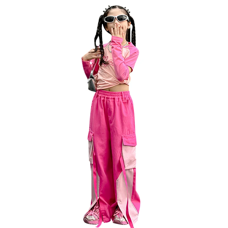 Hip Hop Girls Crop Top Pink Cargo Pants Child T shirt Tops Joggers Streetwear Clothes Sets Kids Sweet Street Dance Jazz Costume