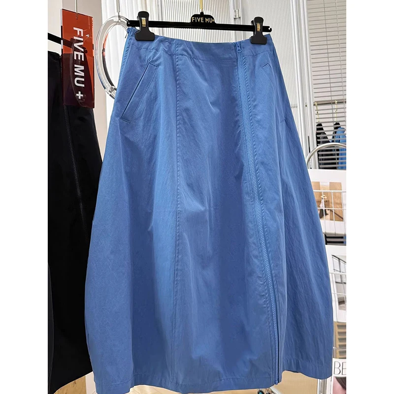 Women Skirt K-Fashion High Waist Balloon Hem Long Skirt Blue Front Zipper Pockets Casual Y2K Preppy A-Line Summer Bottom