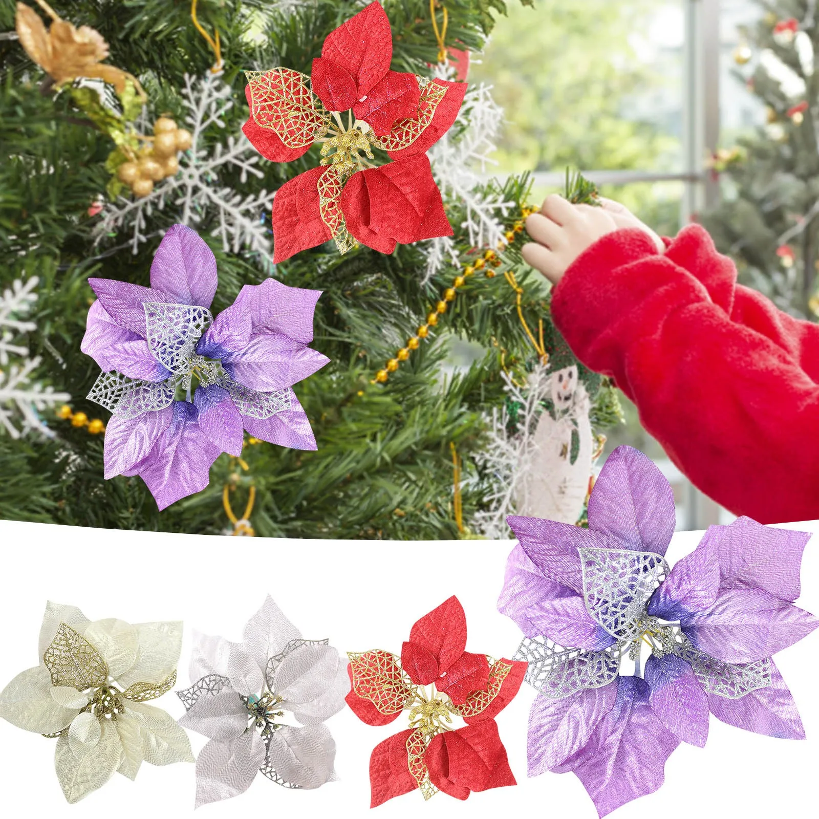 Glitter Artifical Christmas Flowers Christmas Tree Decorations For Home Fake Flowers Xmas Ornaments New Year Decor Wreath Access