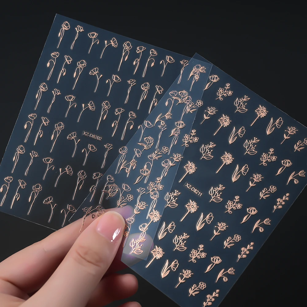 12Pcs 3D Rose gold Leaf Nail Art Stickers Metallic Floral Leaves Self Adhesive Sliders Bronzing Flower Butterfly Manicure Decals