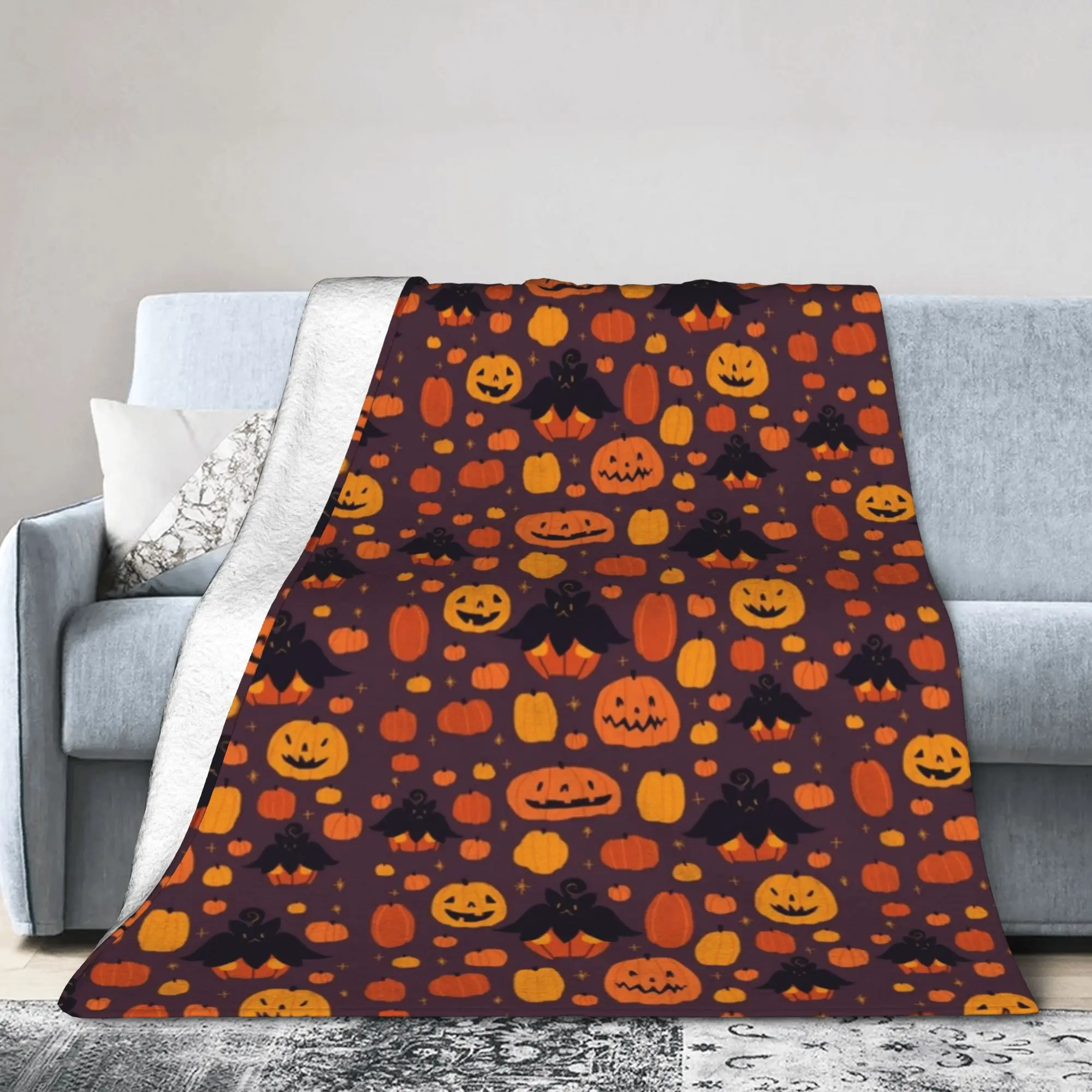 Cartoon Pumpkin Bat Fleece Throw Blanket Happy Halloween Blanket for Home Outdoor Super Soft Bedroom Quilt