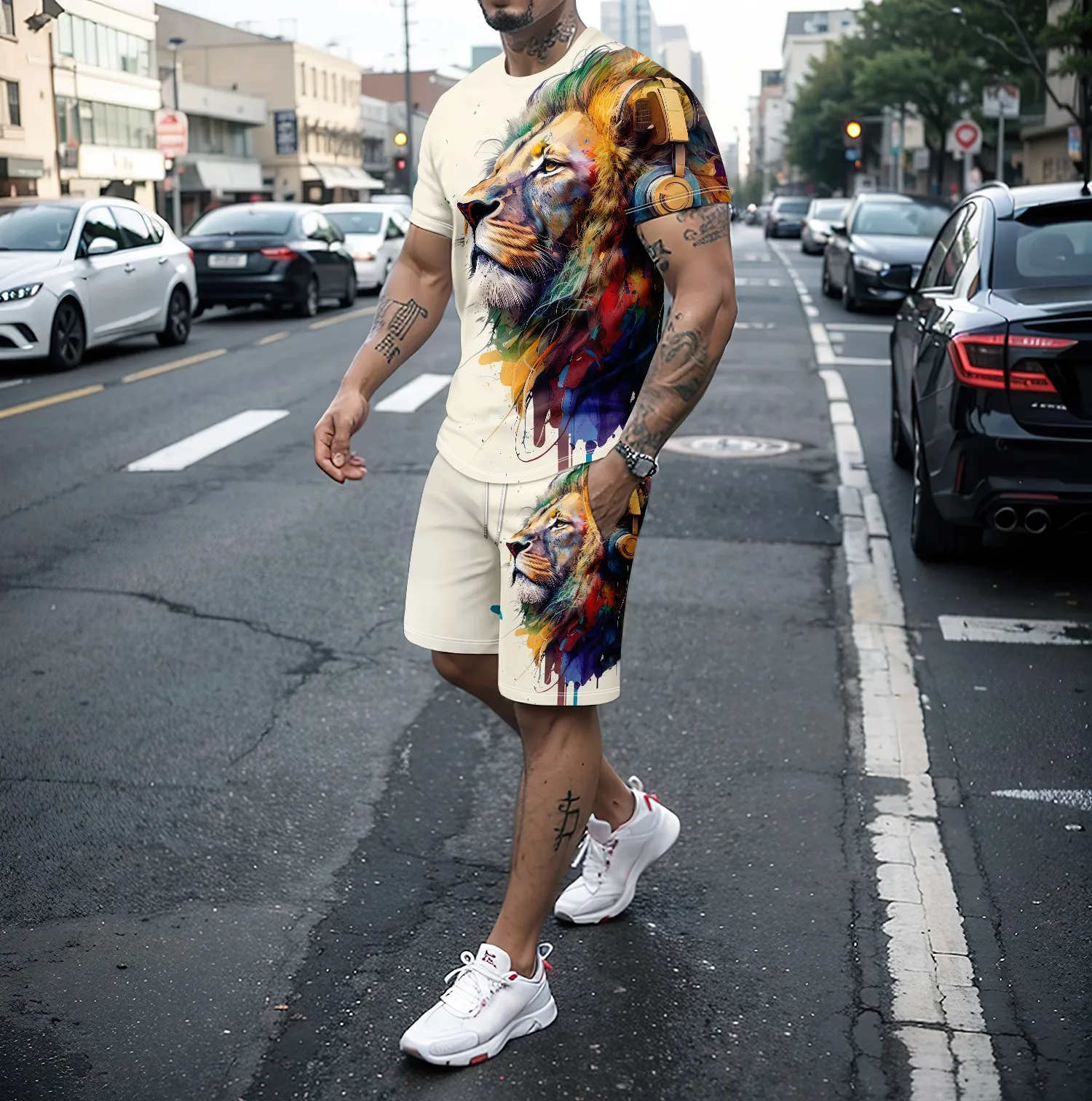 Summer new 3D tiger lion print men\'s round neck short sleeved T-shirt shorts set 2-piece high-quality  casual street sports set