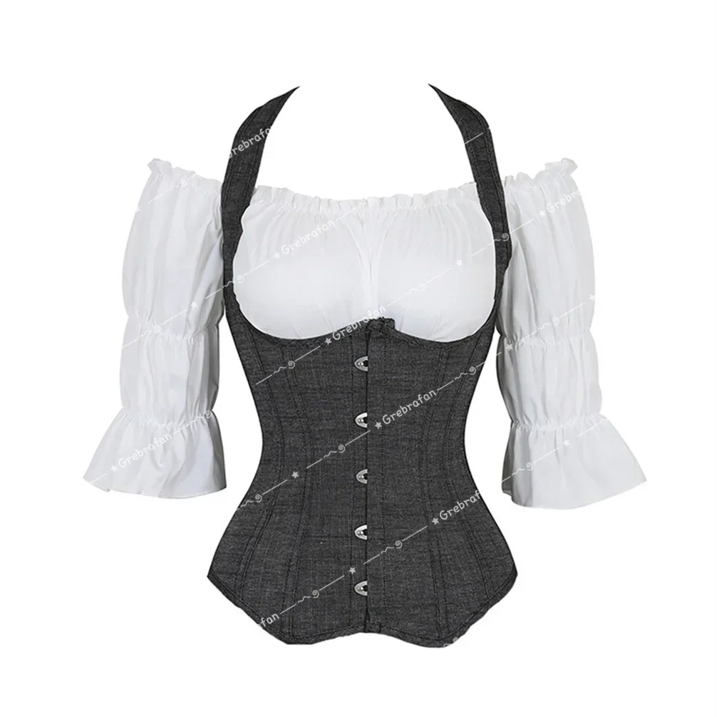 

Steampunk Corset Pirate Blouse Set Victorian Bustier with Adjustable Straps Gothic Renaissance Costume 2-Piece Outfit for Women