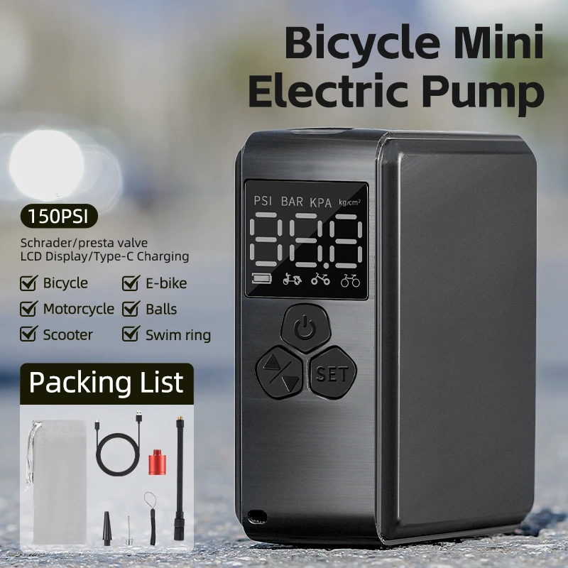 150PSI Mini Electric Bicycle Pump Portable Type-C Charging Air Compressor LCD Tire Inflator Bike Motorcycle Car High pressure