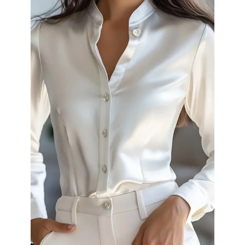 Women's Satin Stand Collar White Shirts Spring Autumn 2026 Long Sleeves Button Down Business Workwear Blouses Tops 187724