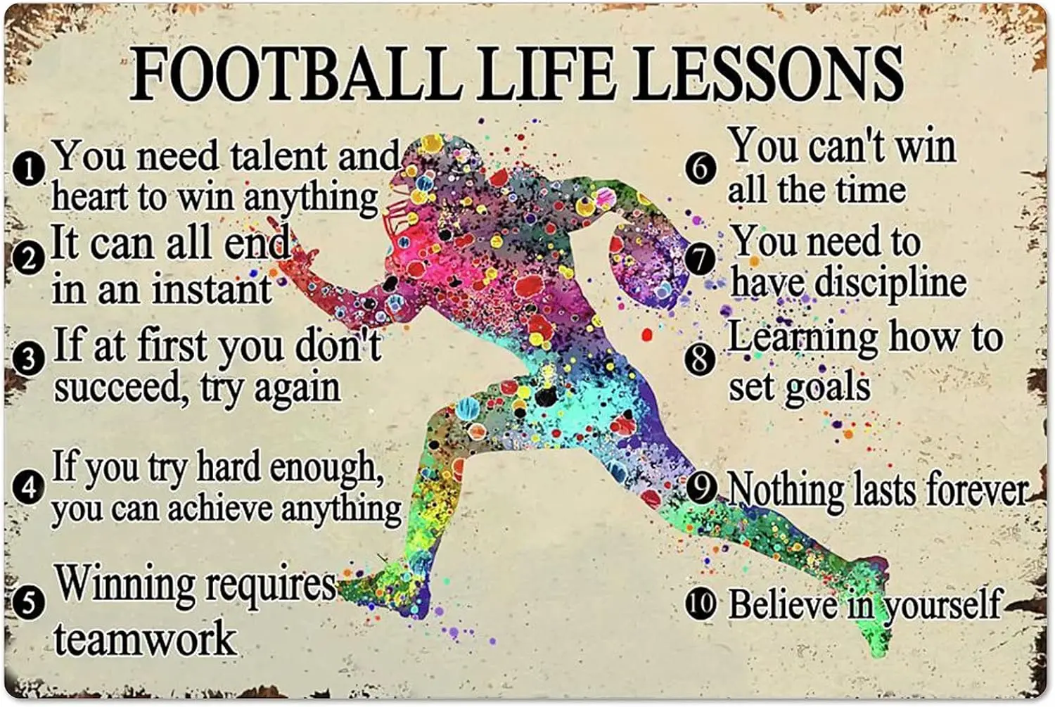 Football Life Lessons Metal Signbs Retro Room Decor Inspirational Posters Home Club Wall Decor Athlete Printing Plaque Gift 12x