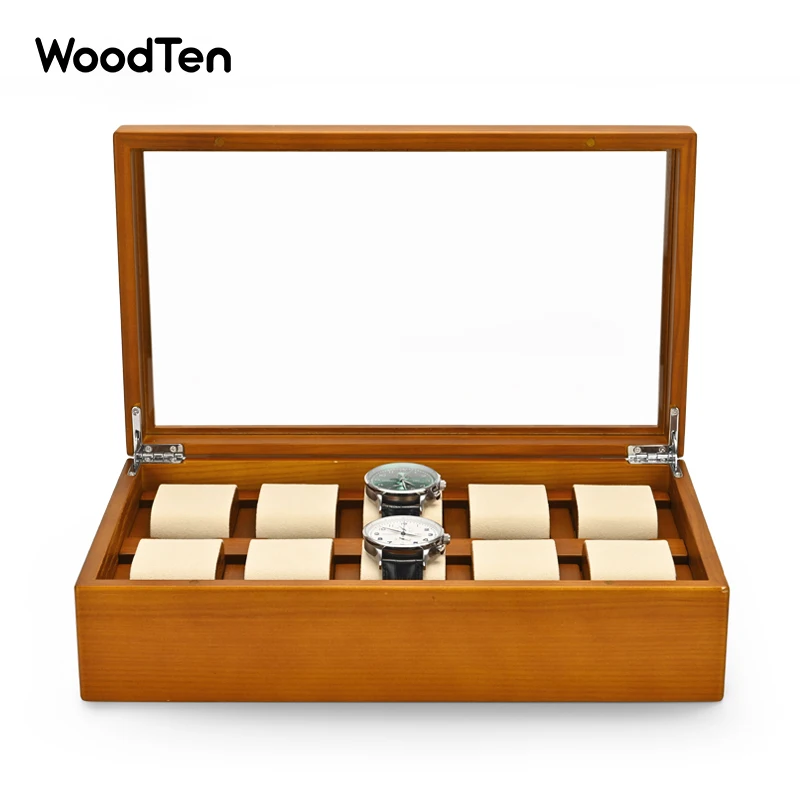 WoodTen-caja de reloj de madera maciza para hombre y mujer, estuche de almacenamiento, exhibición de reloj de pulsera, almacenamiento Visual, 10 rejillas