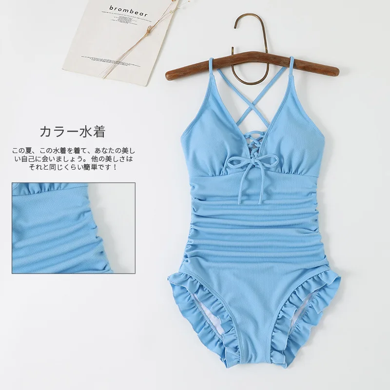Pure Color Solid Color Girl One-piece Ruffled Swimming Suit Female Student Triangle Hot Spring Vacation Swimsuit High Elasticity
