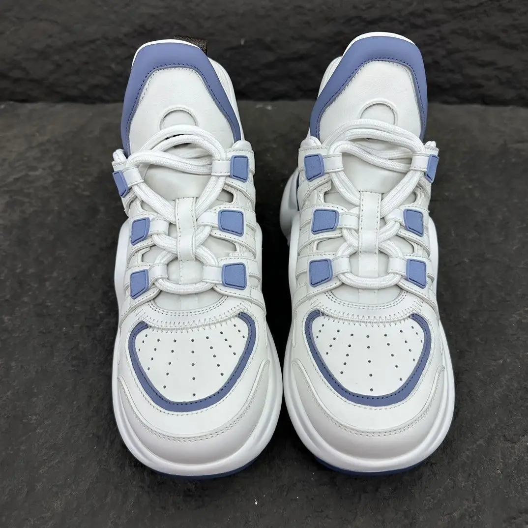 Unisex White Blue Chunky Dad Sneakers Leather Splicing Embossed Upper Curved Thick Platform Sole Lace Up Heightening Non Slip Street Casual Shoes