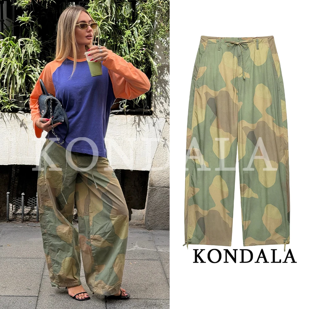 KONDALA Damen Vintage Casual Bedruckte Hosen im Camouflage-Stil Schicke Schnürhose Lange Hose 2026 Herbst Trendige High-Street Damenhose