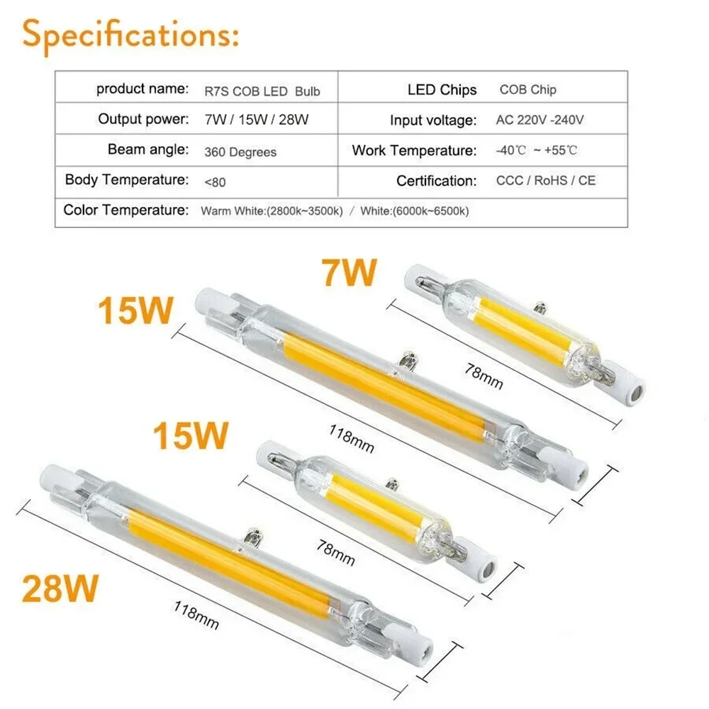 1-10 Stuks Super Heldere Dimbare R7S COB LED Glazen Buis 78 MM 118 MM 7 W 15 W 28 W LED Gloeilamp 220 V LED Lamp Warm/Koel/Neutraal Licht