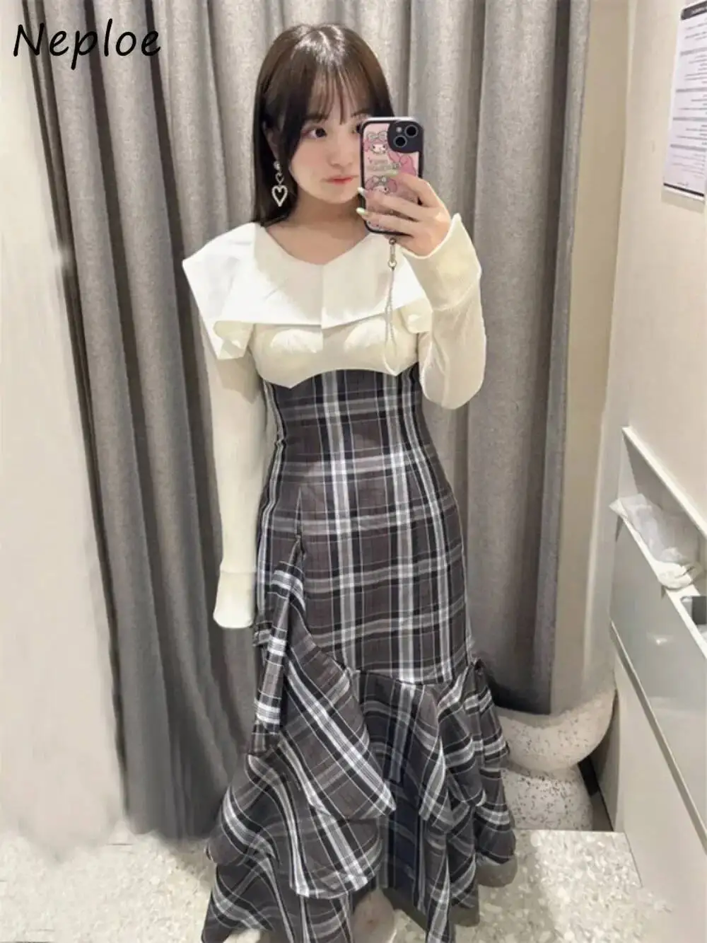 

Vintage Haruku Ruffled Flare Sleeve Dress Plaid Knit Irregular Slim Robe Japan Ball Gown Exquisite High Waist Mujer
