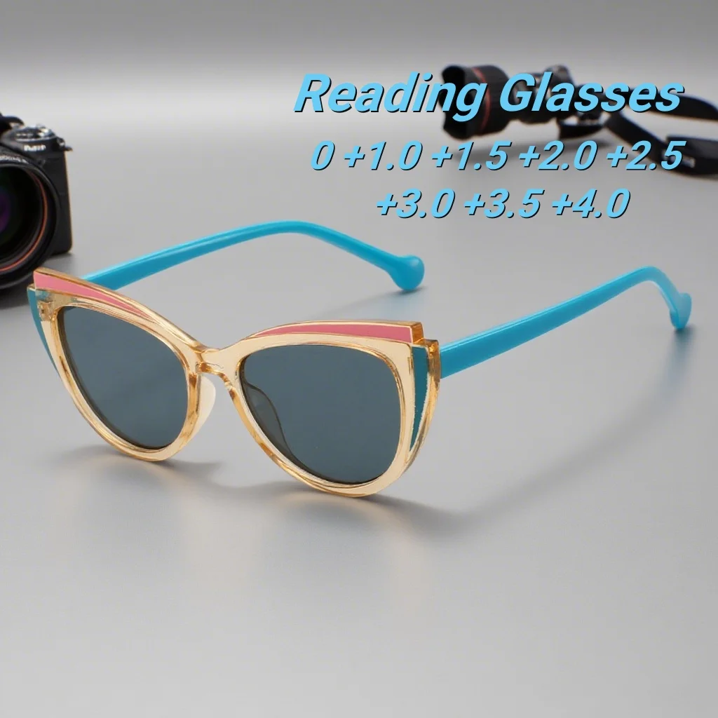 

New Fashionable Cat Eye Women's Presbyopia Glasses with High-end Luxury Color Blocking Design and Gray Anti Blue Light Glasses