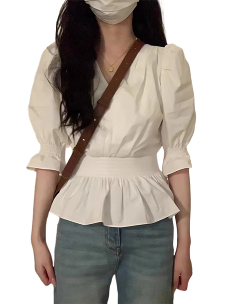 Summer New Solid Color Slim Women Blouse Casual Loose Fashion Street Puff Sleeve Woman Blouse French Chiffon Simple Basic Top