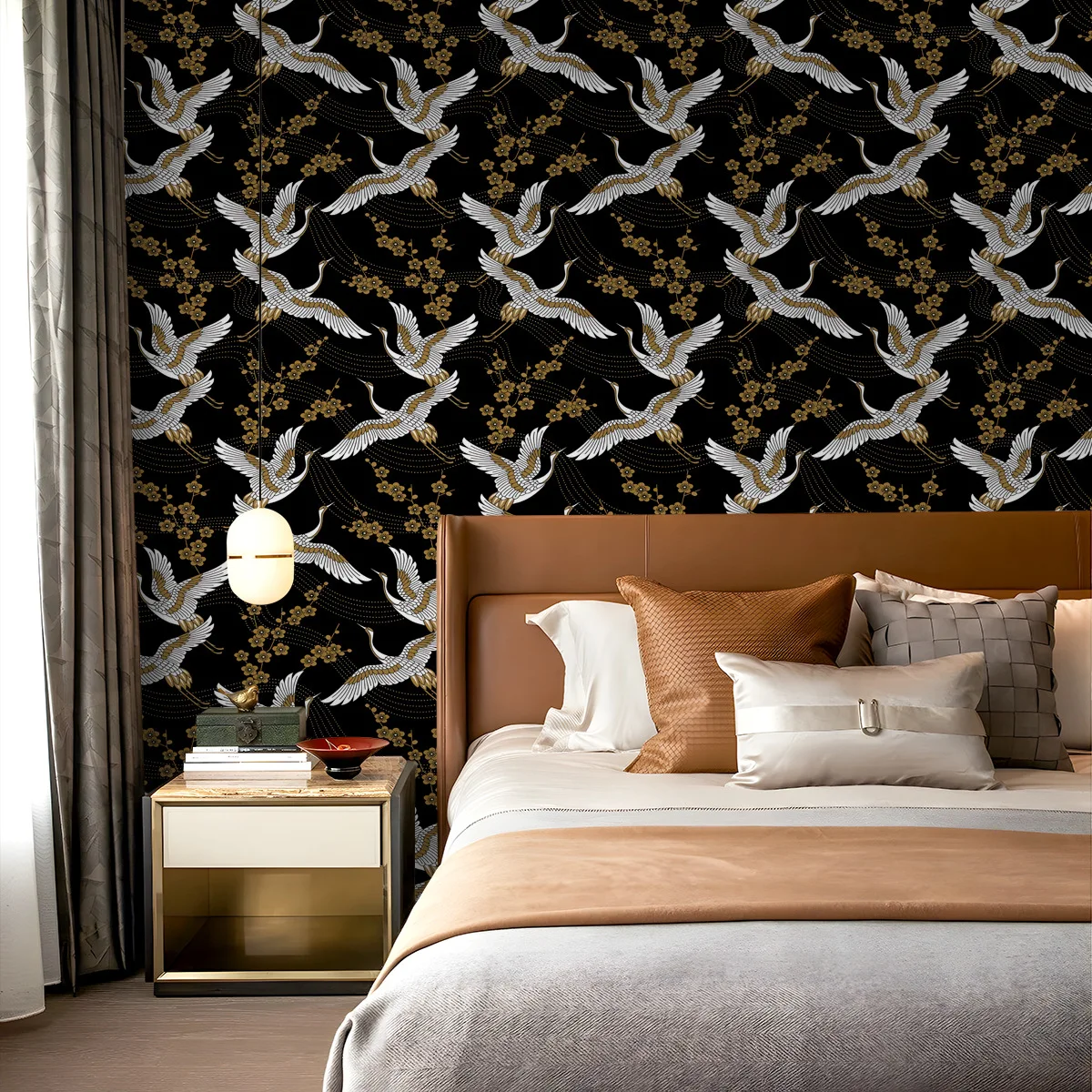 Japanese Crane Peel and Stick Wallpaper Heron Bird Vintage Floral Removable Self Adhesive Wallpaper for Bedroom Bathroom Mural