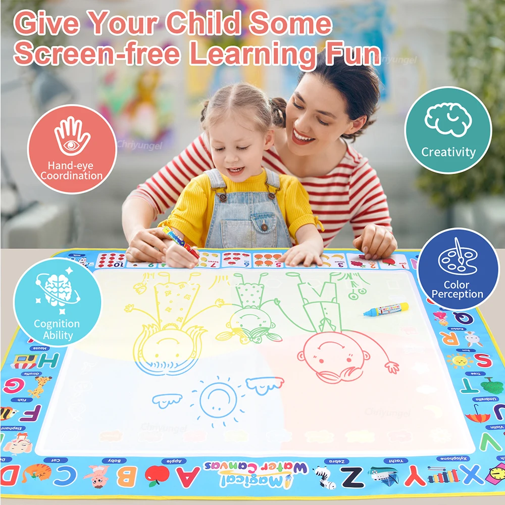 No Mess Magic Water Drawing Mat Doodle Board Reusable Educational Toy with Pens & Stamps, Gift for Toddler Boys Girls