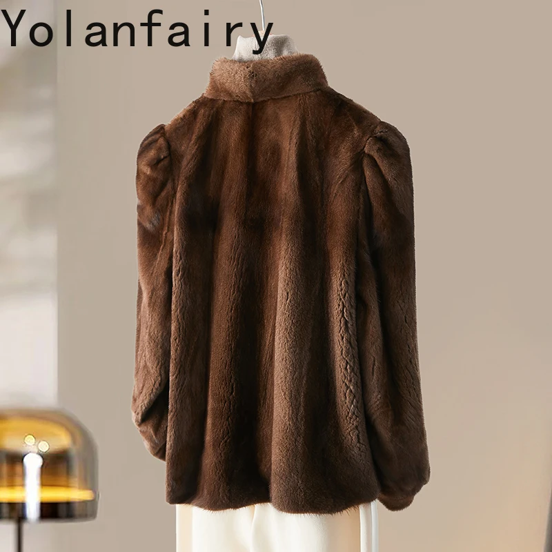 YOLANFAIRY 천연 밍크 퍼 자켓 여성용 2025 가을 겨울 짧은 천연 퍼 코트 여성용 스탠드 칼라 긴 소매 퍼 코트