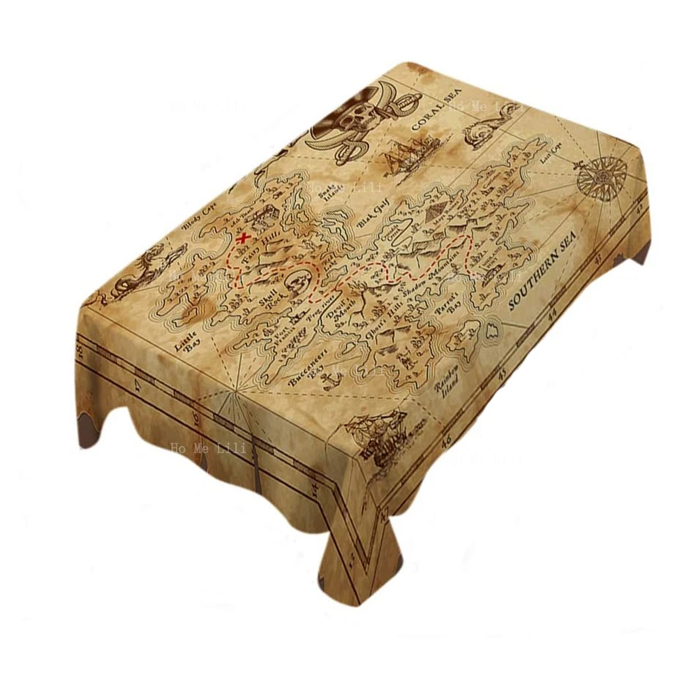 Treasure Map Pirate Skull Ruined Old Parchment Island Adventure Compass Rectangle Tablecloths Decoration