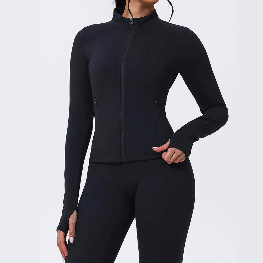 اليوغا طويلة الأكمام المرأة سترة رياضية سستة معطف اليوغا الملابس سريعة الجافة اللياقة البدنية سترة قمصان للجري ثقب الإبهام الصالة الرياضية تجريب أعلى