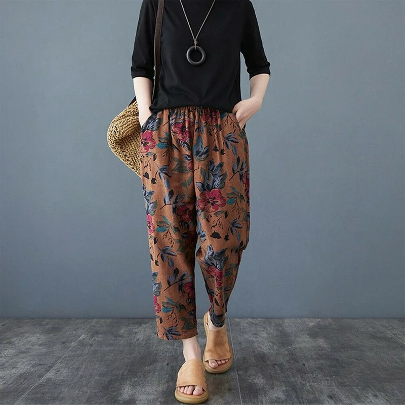 Women Summer Floral Printed Trousers Loose Vintage Imitation Cotton Linen Cropped Harem Pants Lady Streetwear Pants All-match