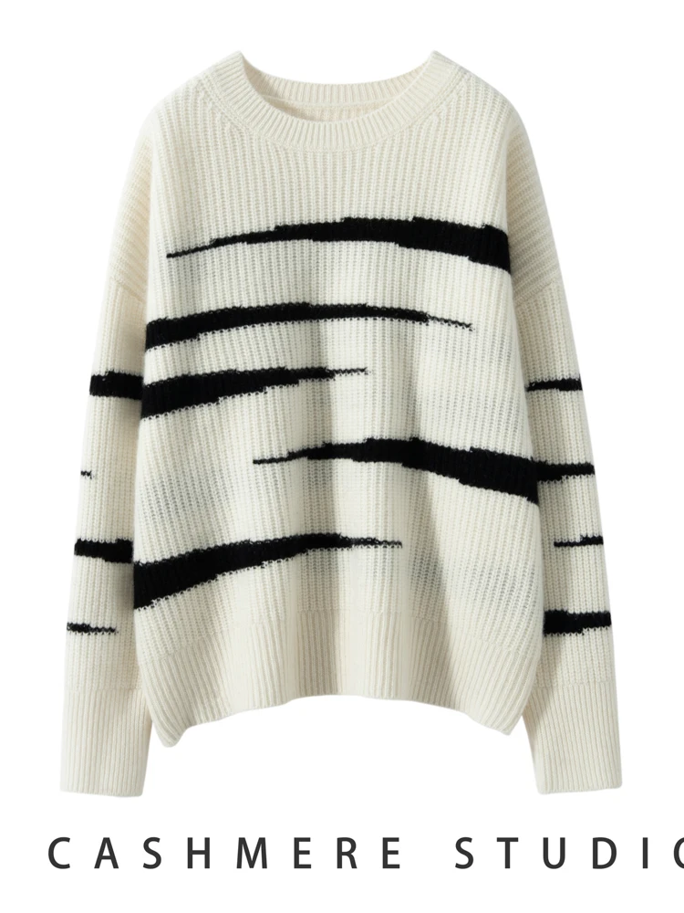 High Quality 100% Cashmere Women Sweater Thick Warm O-neck Pullover Autumn Winter Vintage Style Loose Striped Cashmere Knitwear