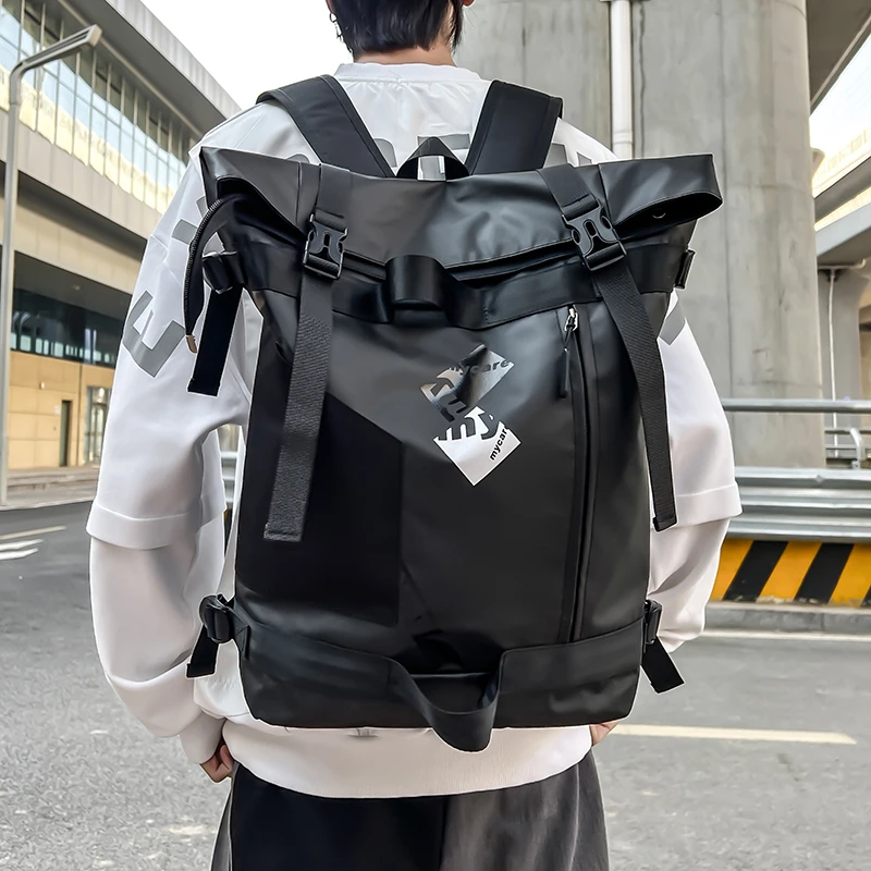 Men\'s Functional Black Backpack Trend Canvas Patchwork Design Backpack Large Capacity Travel Backpacks for Men Casual School Bag