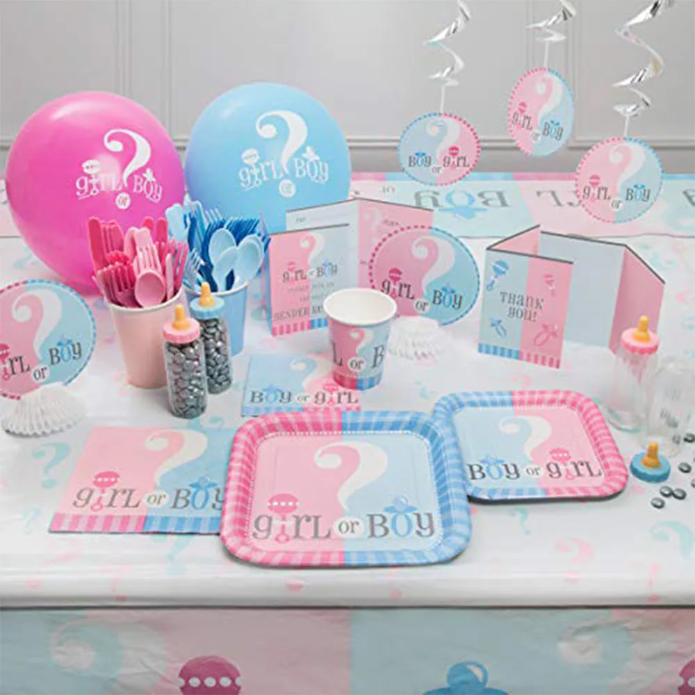 Gender Reveal Party Supplies IT's a Boy or Girl Banner Ballons Disposable Tableware Plates Baby Shower Photo Prop Decoration