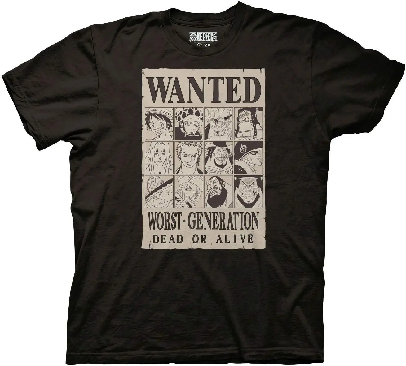 One Piece Men's Short Sleeve T-Shirt Wanted Dead Or Alive Worst Generation Bounty Poster Officially Licensed