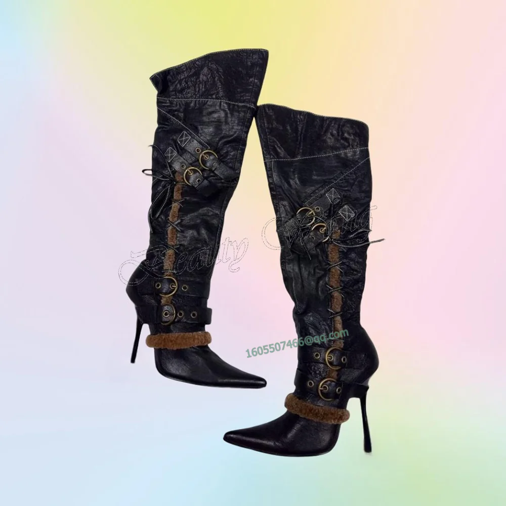 

Black Side Cross Tied Boots Fur Decor Buckle Decor Stilettos Shoes for Women Thin High Heels Sexy Shoes 2023 Zapatos Para Mujere