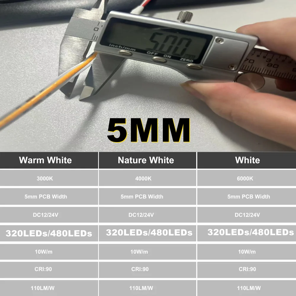 5mm COB LED Strip Light DC 12V 24V 320LEDs/480LEDsM/ High Density Linear Dimmable Flexible COB Tape Light Bar 3000K 4000K 6000K