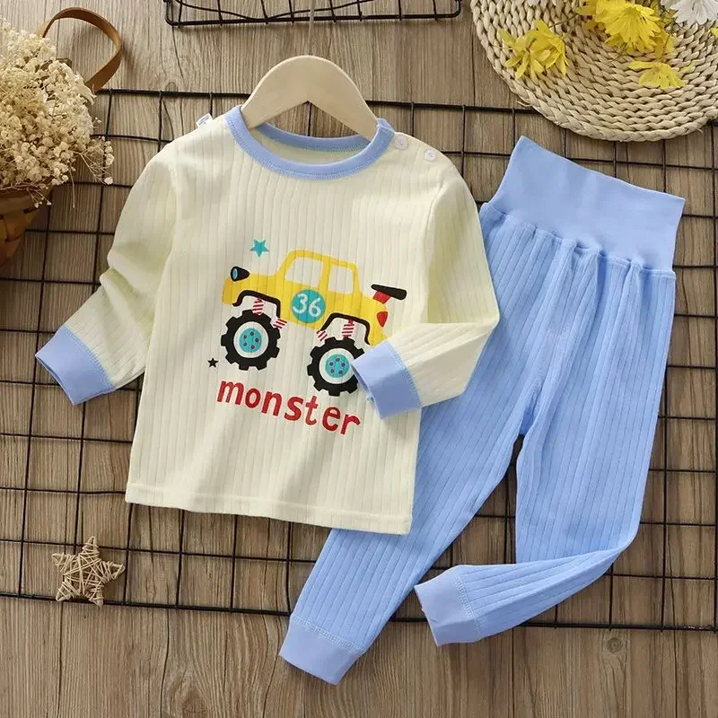 New 2024 Kids Autumn Pure Cotton Pajamas Baby Boys Girls Cute Cartoon Long Sleeve High Waist Warm Pyjamas Toddler Clothing Sets