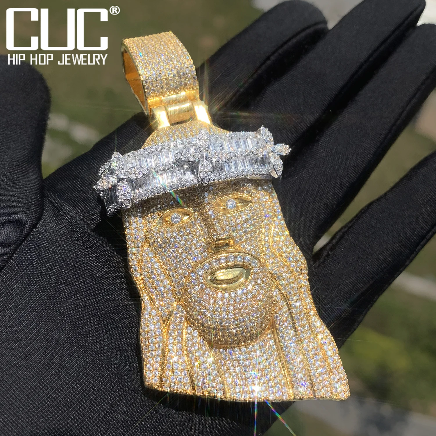 CUC Baguette Zircon Jesus Head Pendant HipHop Necklace Chain For Men Women Gold Silver Color Fashion Rock Rapper Jewelry Gift