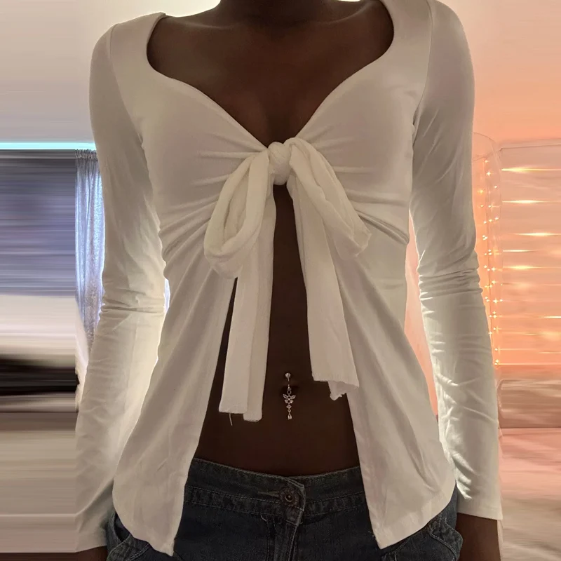Camiseta elegante con cuello en V y lazo frontal para mujer, Tops cortos Retro Grunge Y2K Cottage, ropa Vintage de los años 90, blusa de manga larga para mujer