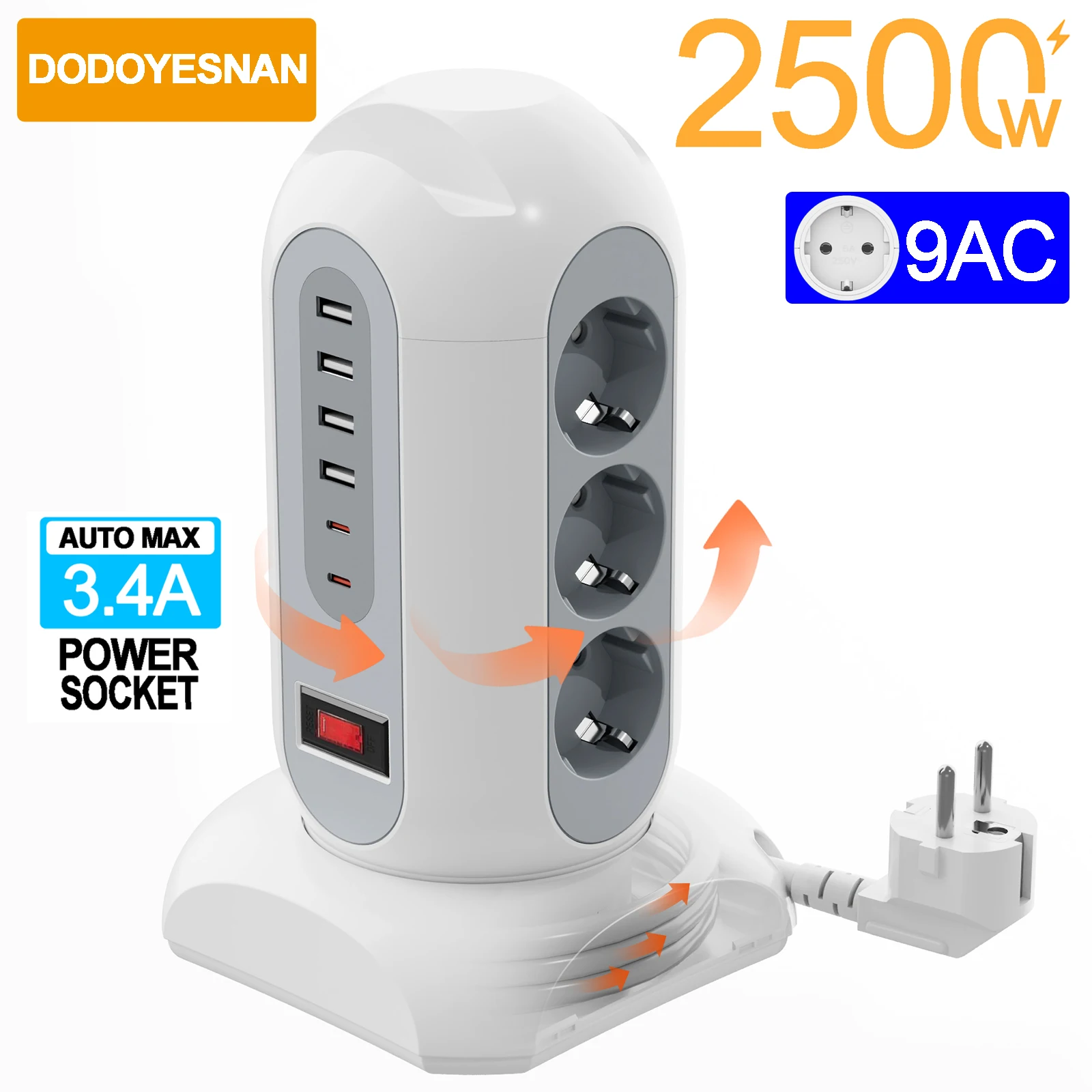 

EU Plug 2500W Power Strip Socket 9AC 1.65M European Standard Outlet With Phone Holder 4USB-A 2USB-C Ports Charging Adapter