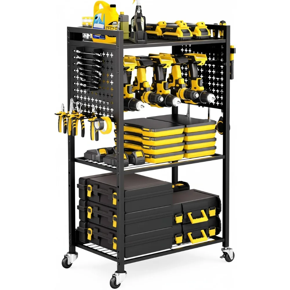 

4-уровневая тележка для инструментов на колесиках, емкость 150 фунтов, регулируемая стойка для хранения инструментов для гаражных мастерских