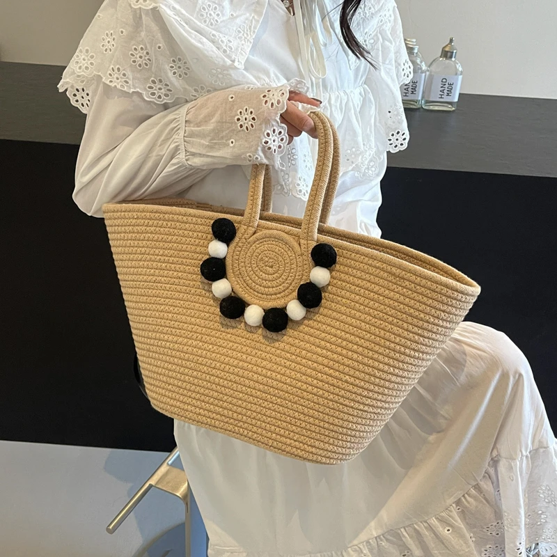 2024 Knitting Kits Fabric Khaki Beach Bag Large Capacity Handmade Straw Summer Holiday Leisure Bag Women Bags Shopping Bags