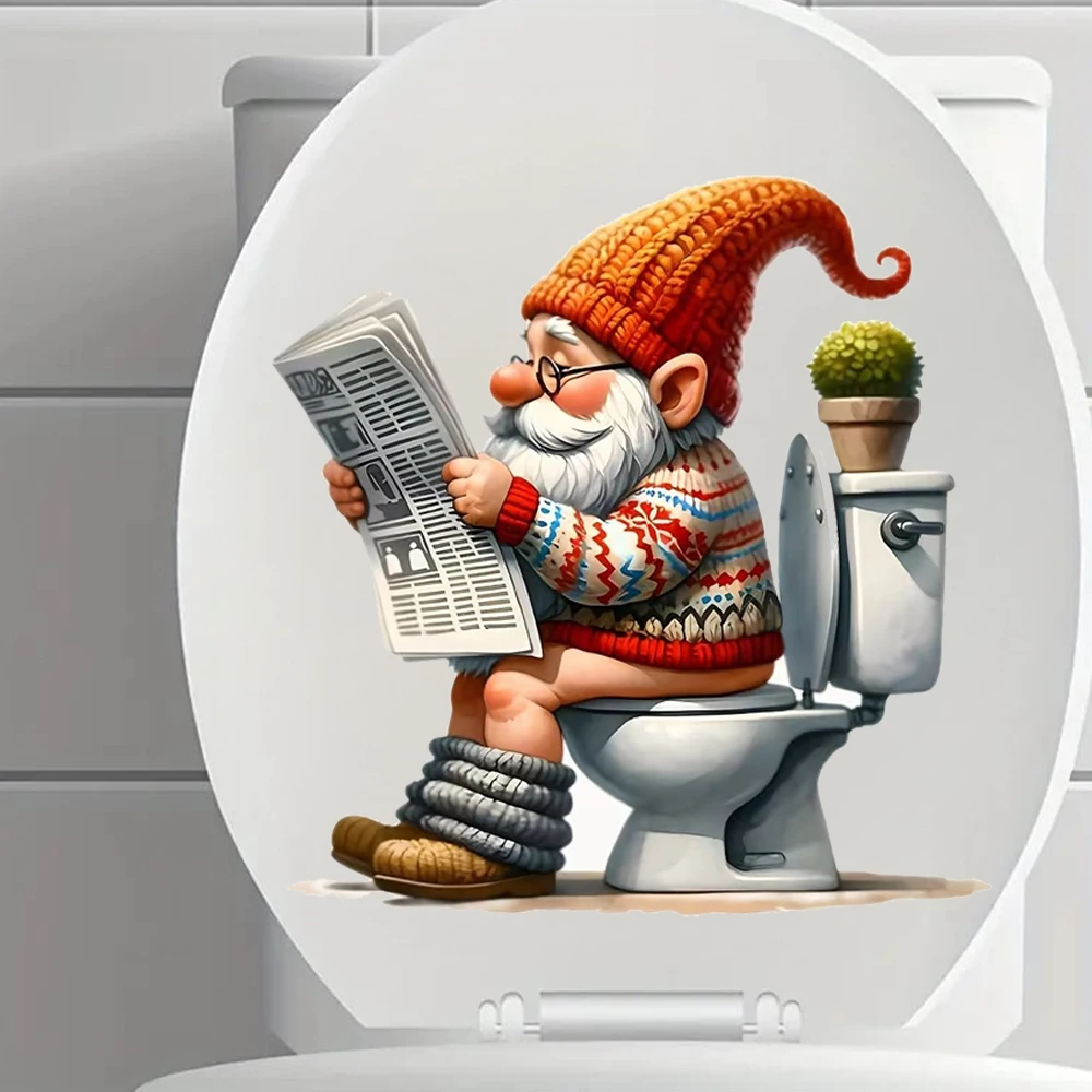 QT3305#Whimsical Gnome on Toilet with Newspaper - Washable Sticker Bright Wall for Home, Cabinet, Door,Refrigerator Decoration