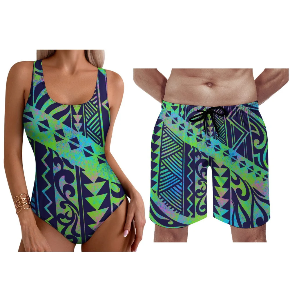 Aanpasbare Polynesische dames tankini heren zwemshorts hibiscus palmprint Hawaii 2025, nieuwjaars strandkledingset