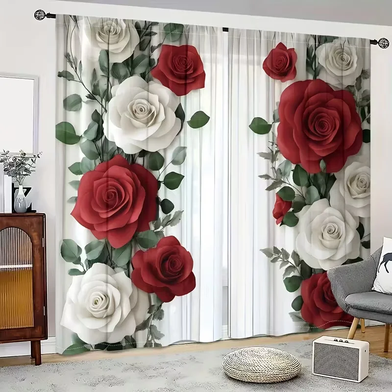 2PC Valentine's Red & White Rose Curtains 3D Floral Print Light Filtering Sheer Drapes Romantic Window Curtains for Bedroom