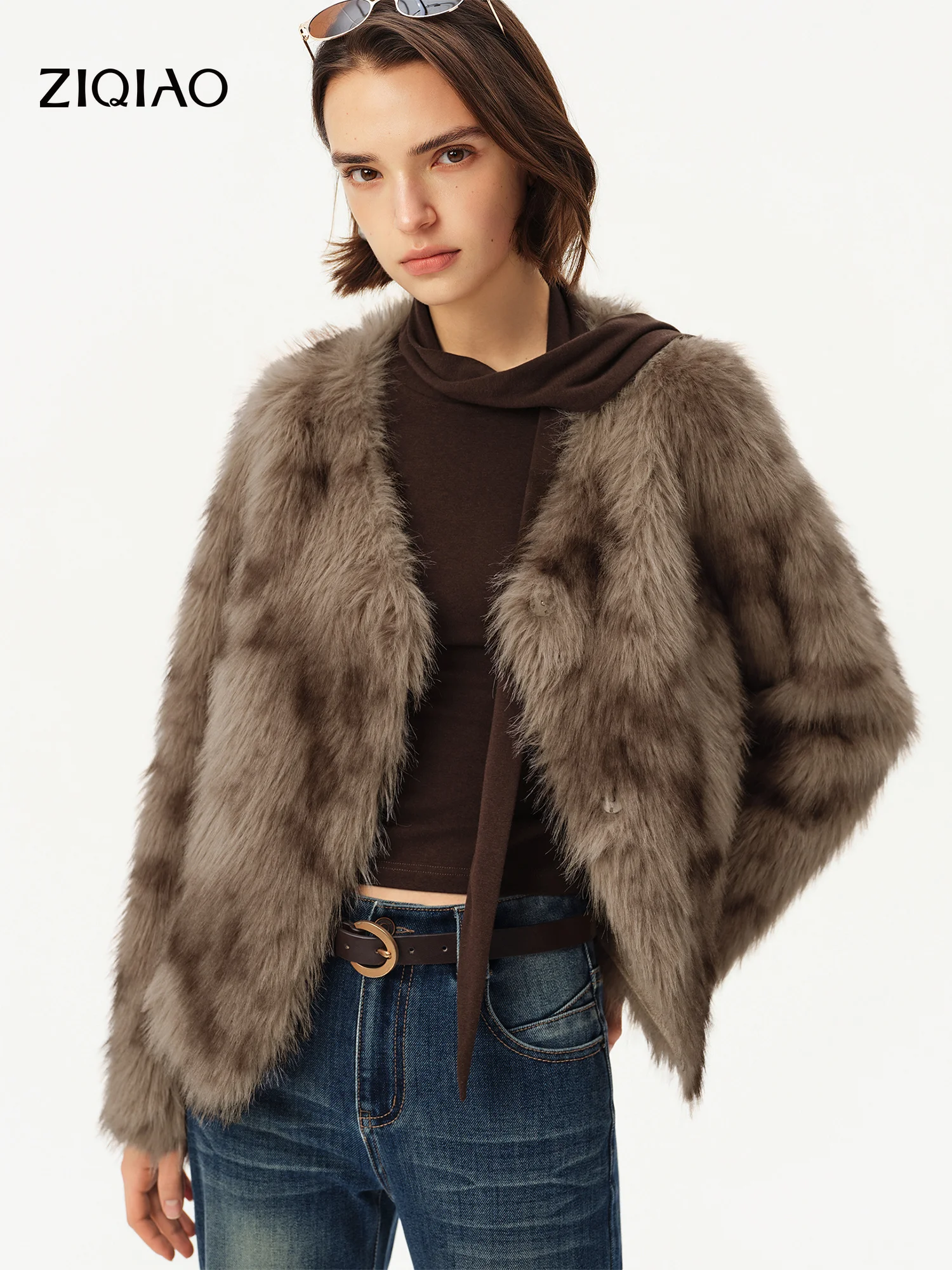 ZIQIAO 2026 Winter New Arrival Luxury Eco-Friendly Faux Fur Stand Collar Jacket Fur Short Outerwear Slimming Straight Design