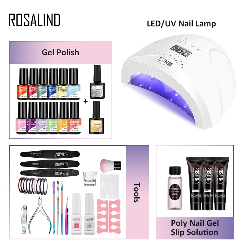 ROSALIND Nail Tools Sets Lamp Gel Polish Set For Manicure Nails Art Semi Permanent Gel Varnishes Lacquer Top Base For Nail Kit