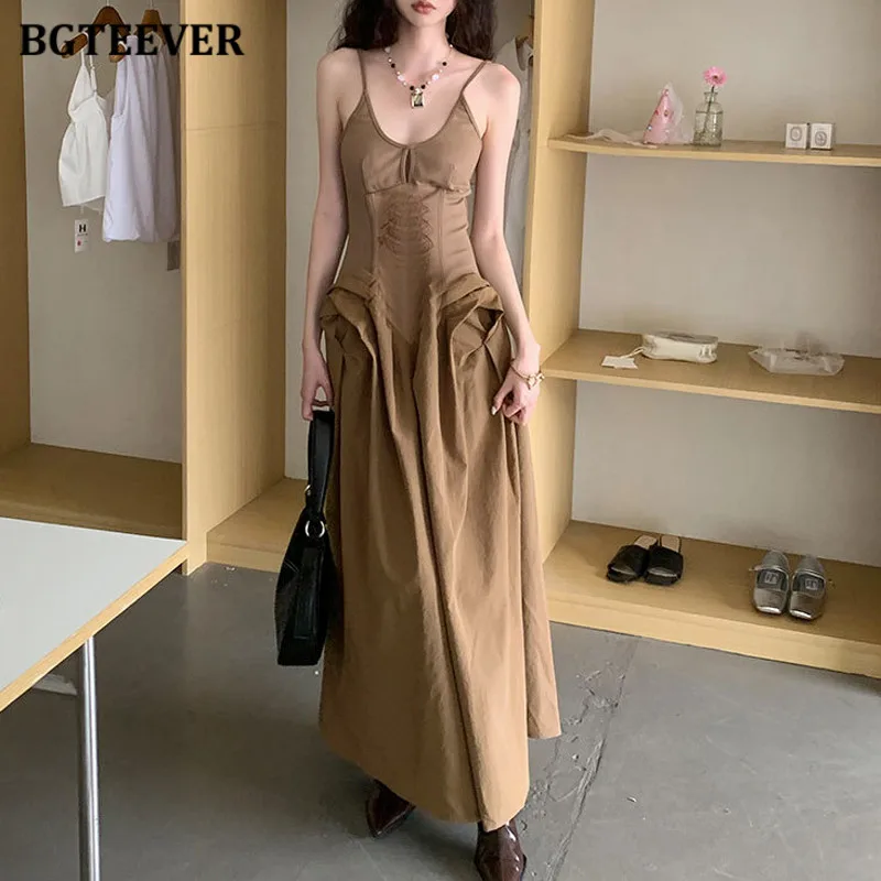 

BGTEEVER Fashion Spaghetti Strap A-line Dress for Women Summer Slim Waist Long Dress Female