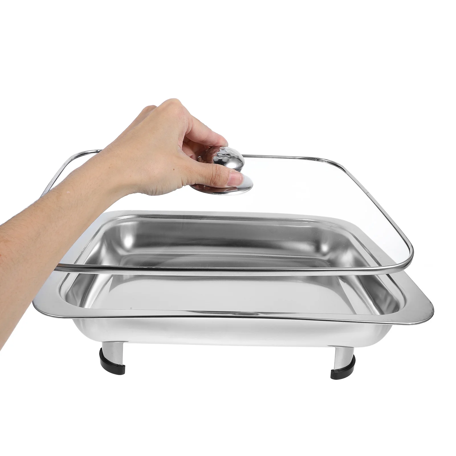 

Stainless Steel Buffet Tray Chafing Dish Set Bread Food Plate Kitchen Long Rectangle Pan Cover Four Leg Stable