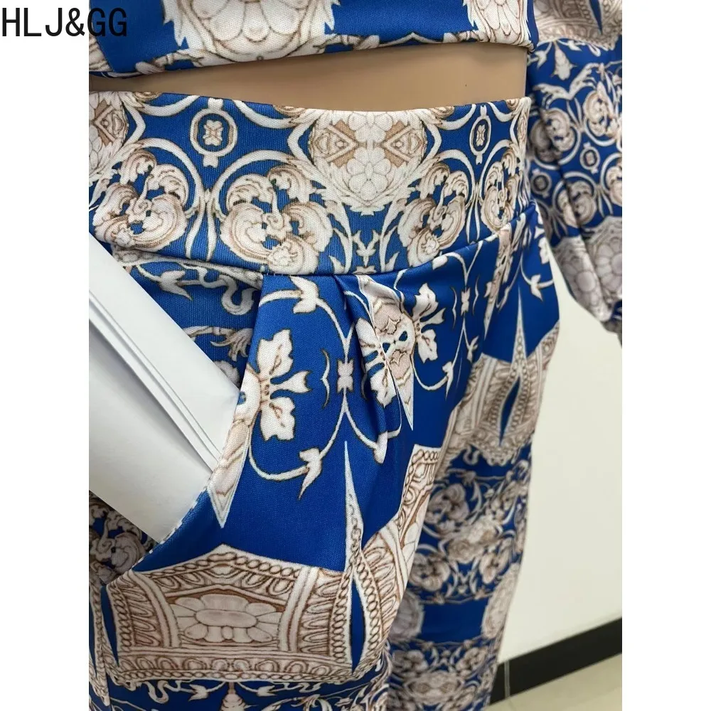 HLJ&GG Spring New Retro Pattern Print Bandage Two Piece Sets Women O Neck Long Sleeve Crop Top And Pants Outfits Female OL Suits