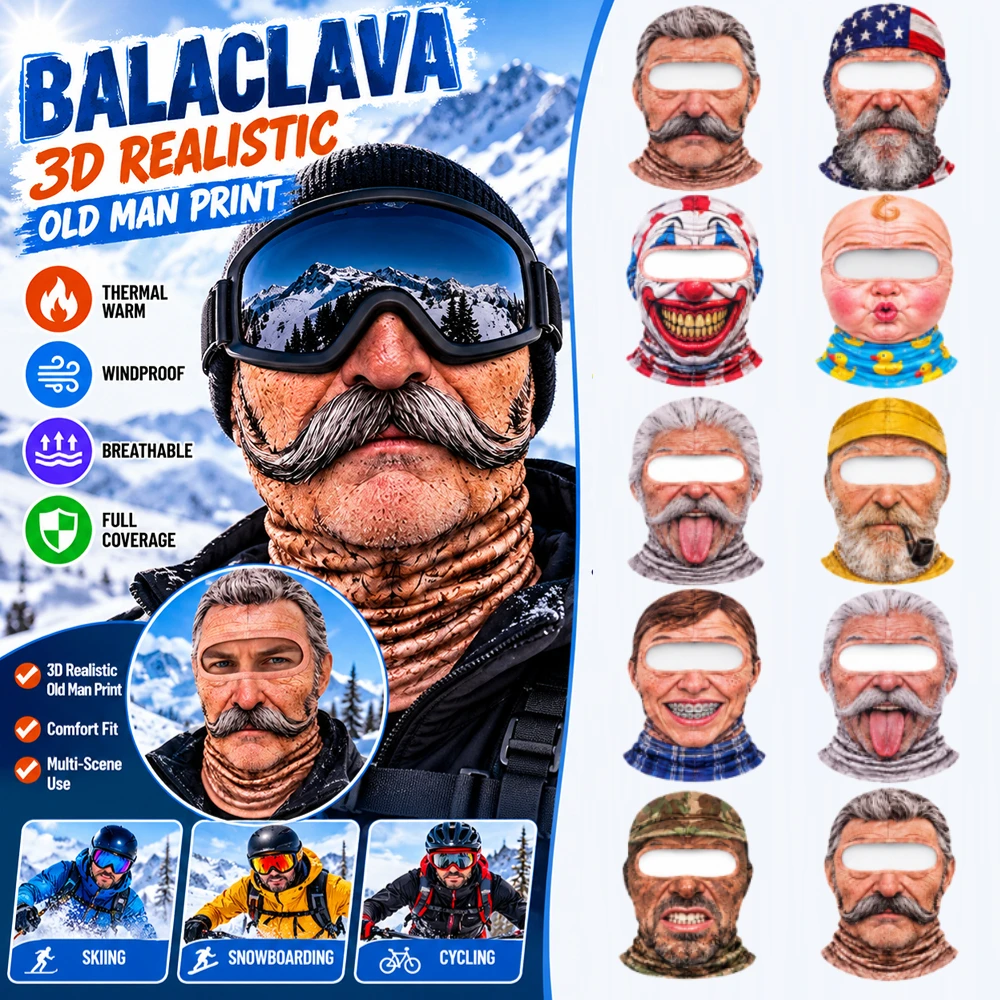 Funny 3D Printed White Mustache Old Man Balaclava Breathable Full Face Mask Winter Ski Cover with Neck Coverage for Snowboarding