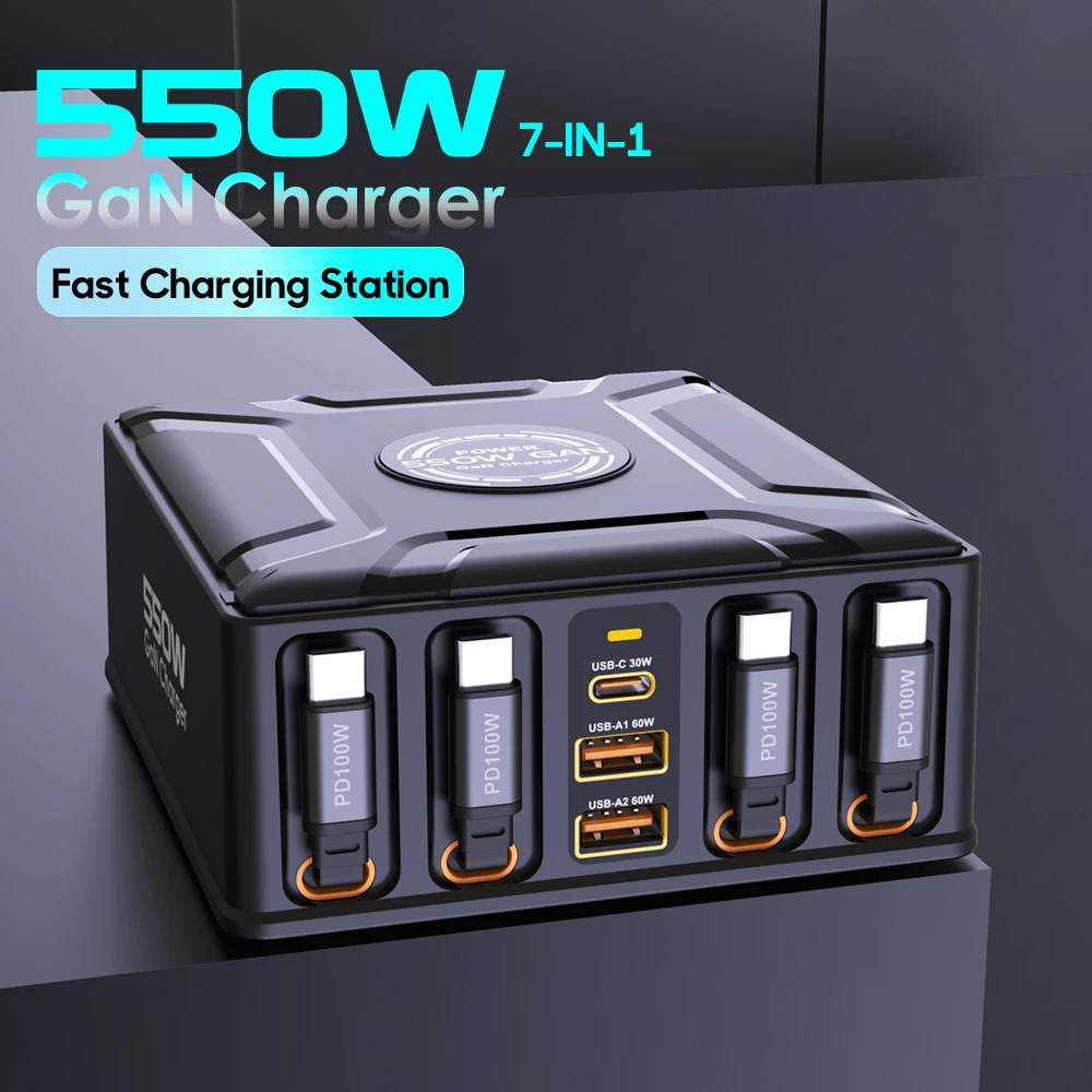 550W 7-in-1 Charging Station with 100W Retractable USB C Cable GaN Fast Charger for MacBook Pro iPhone 17 Samsung Laptop Tablet